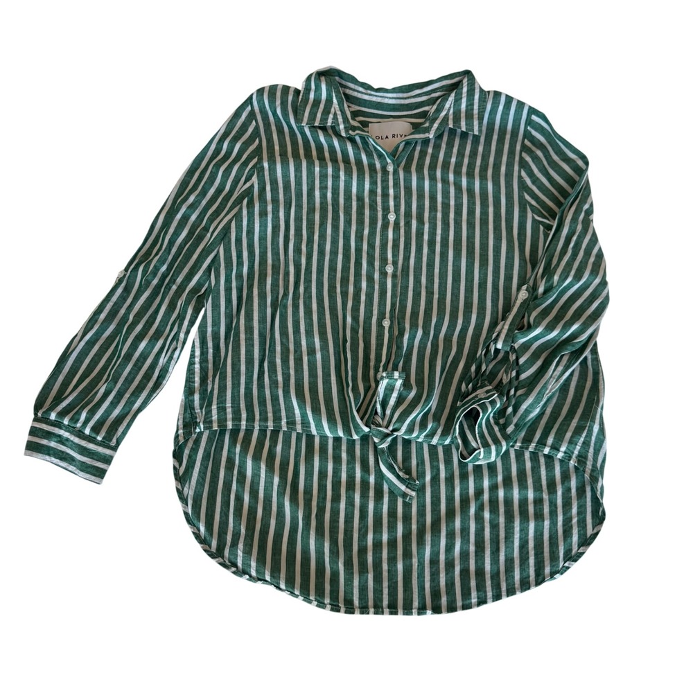 Lola River Linen Blend Green Striped Tie Front Button Down Roll‎ Tab Sleeve XL